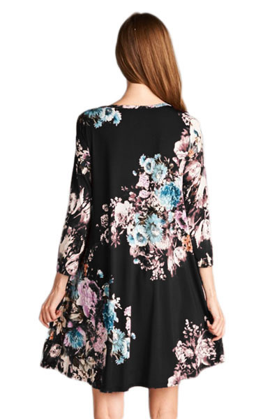 BY220099-102 Dark Floral Long Sleeve A-Line Tunic Dress